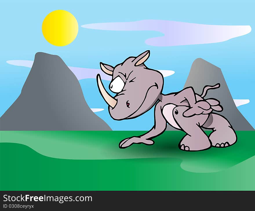 A cute rhinoceros aim at something on nature background illustration. A cute rhinoceros aim at something on nature background illustration