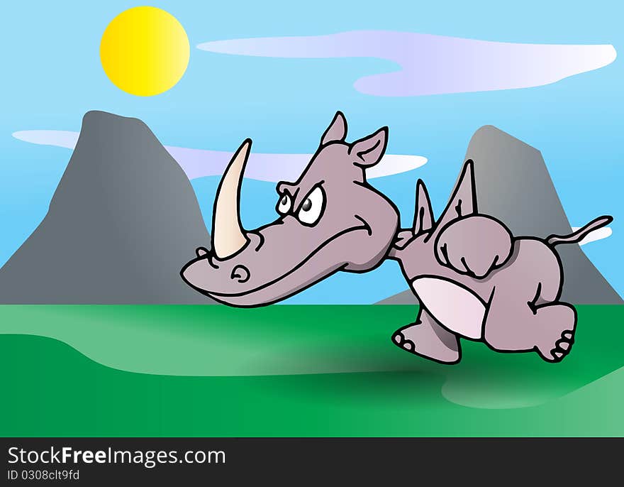 A cute rhinoceros running rampage at something on nature background illustration. A cute rhinoceros running rampage at something on nature background illustration