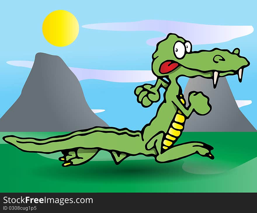 Green crocodile run in nature background illustration