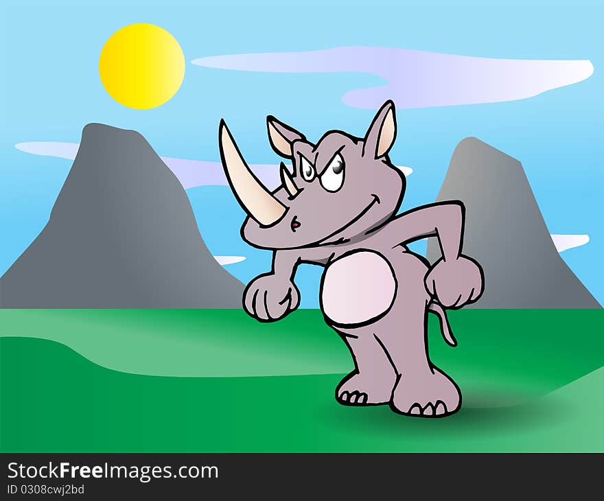 A cute strong rhinoceros illustration on nature background