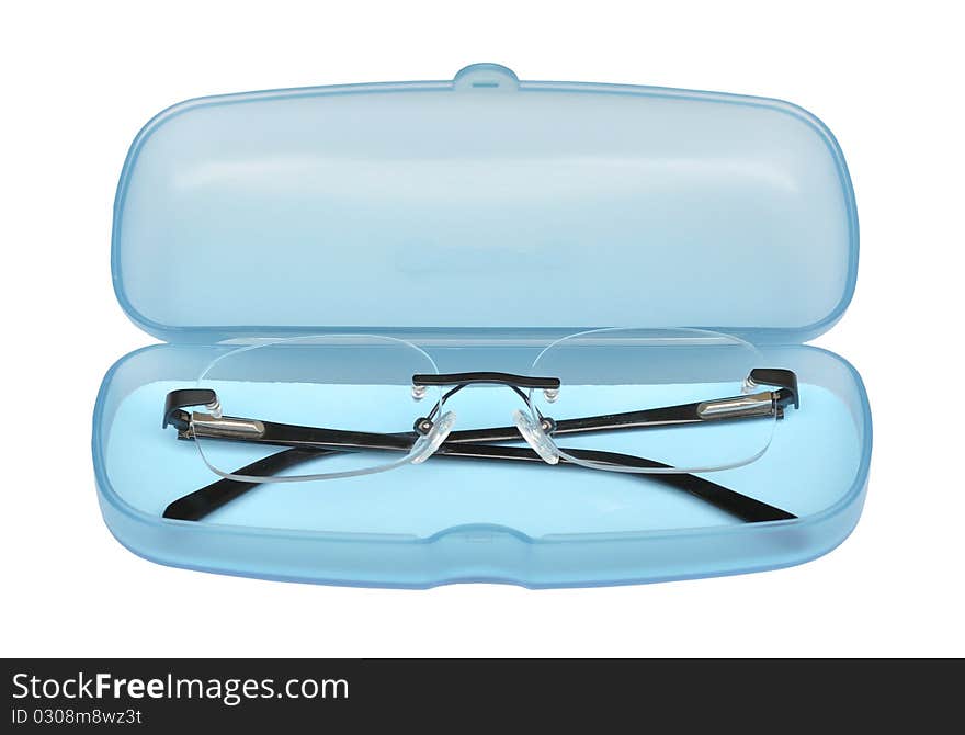 Open sweet blue glasses box with spectacles on white background.