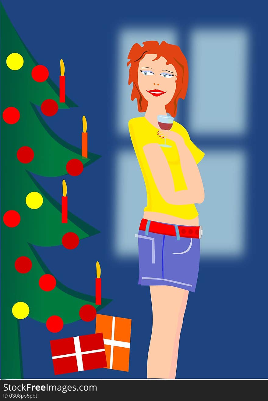 Girl christmas tree holiday female color illustration. Girl christmas tree holiday female color illustration