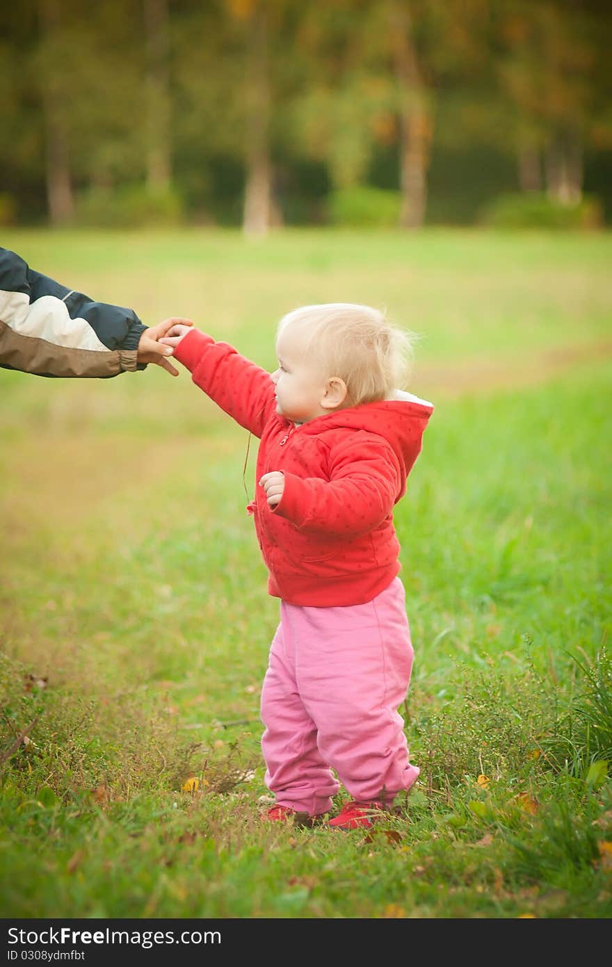 Young adorable baby stay on grass and holding brother hand. Young adorable baby stay on grass and holding brother hand