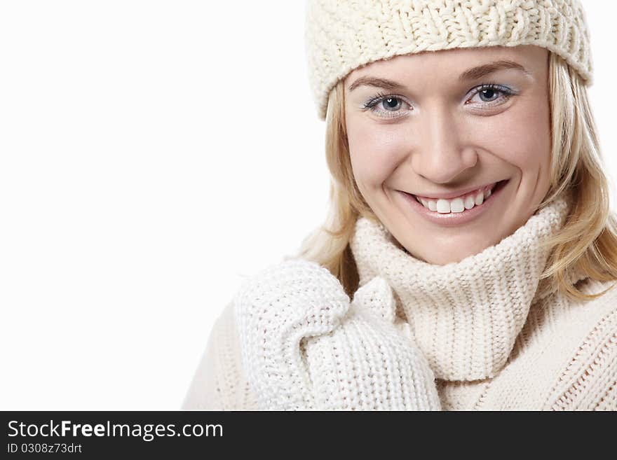 Woman in hat and mittens on a white background. Woman in hat and mittens on a white background