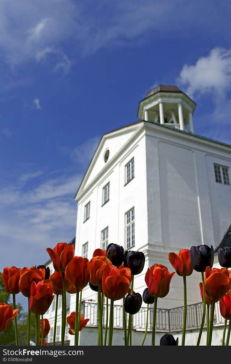 The old palace in Graasten Denmark - a view from the park with tulips in the foreground.