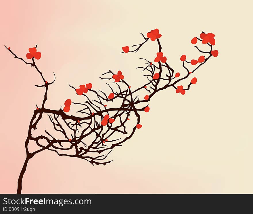 The bush branch is covered by red flowers. A  illustration