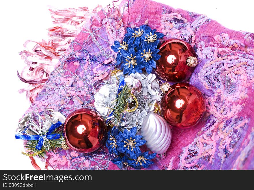 Different Christmas decorations on the soft colorful material. Different Christmas decorations on the soft colorful material