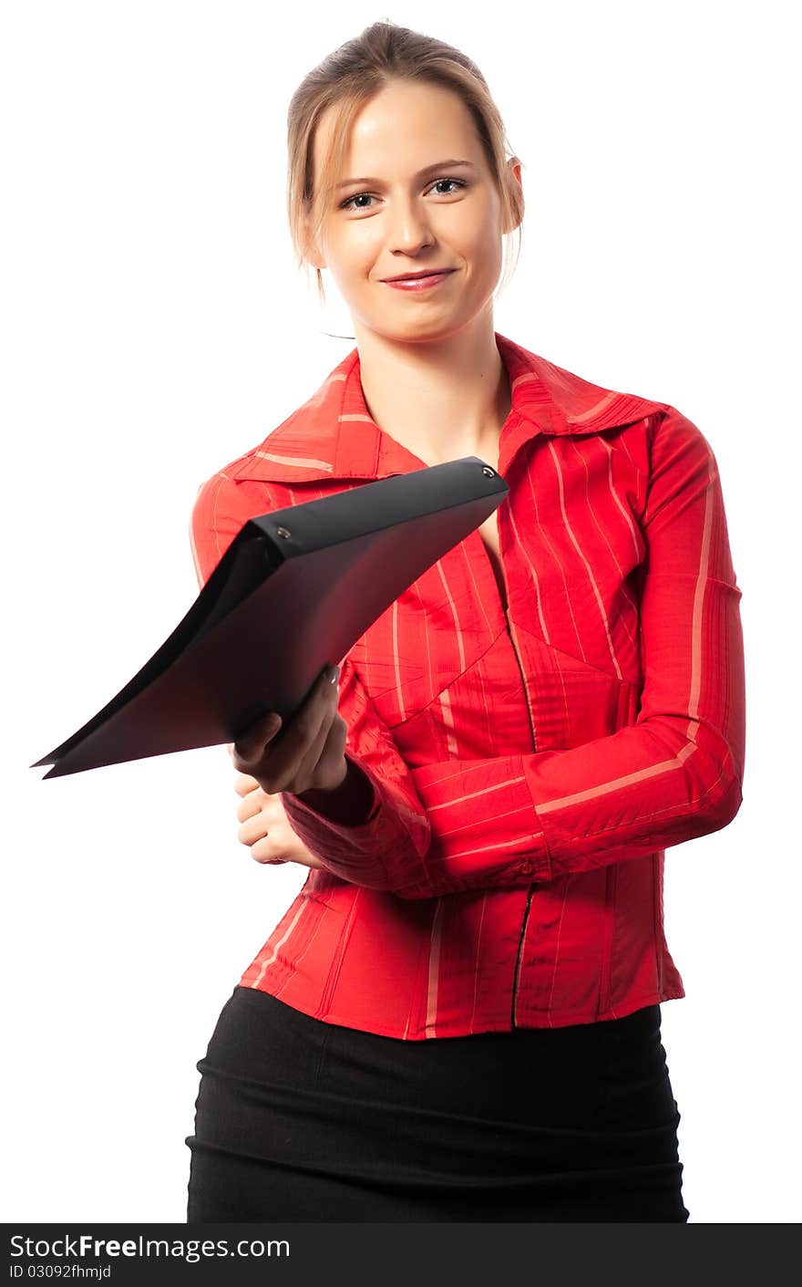 Happy businesswoman giving folder