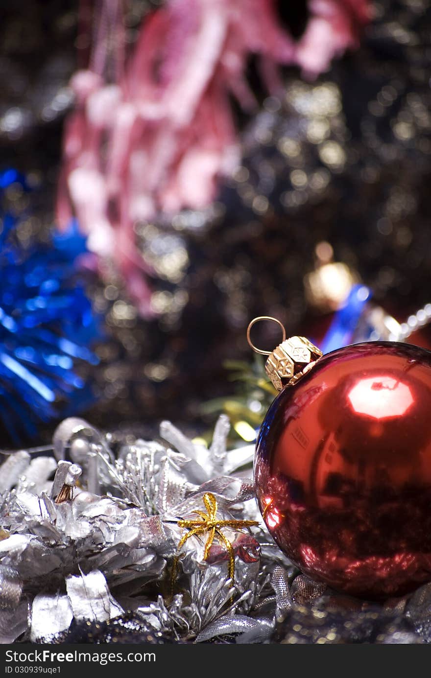 Different Christmas decorations on the sheer black material. Different Christmas decorations on the sheer black material