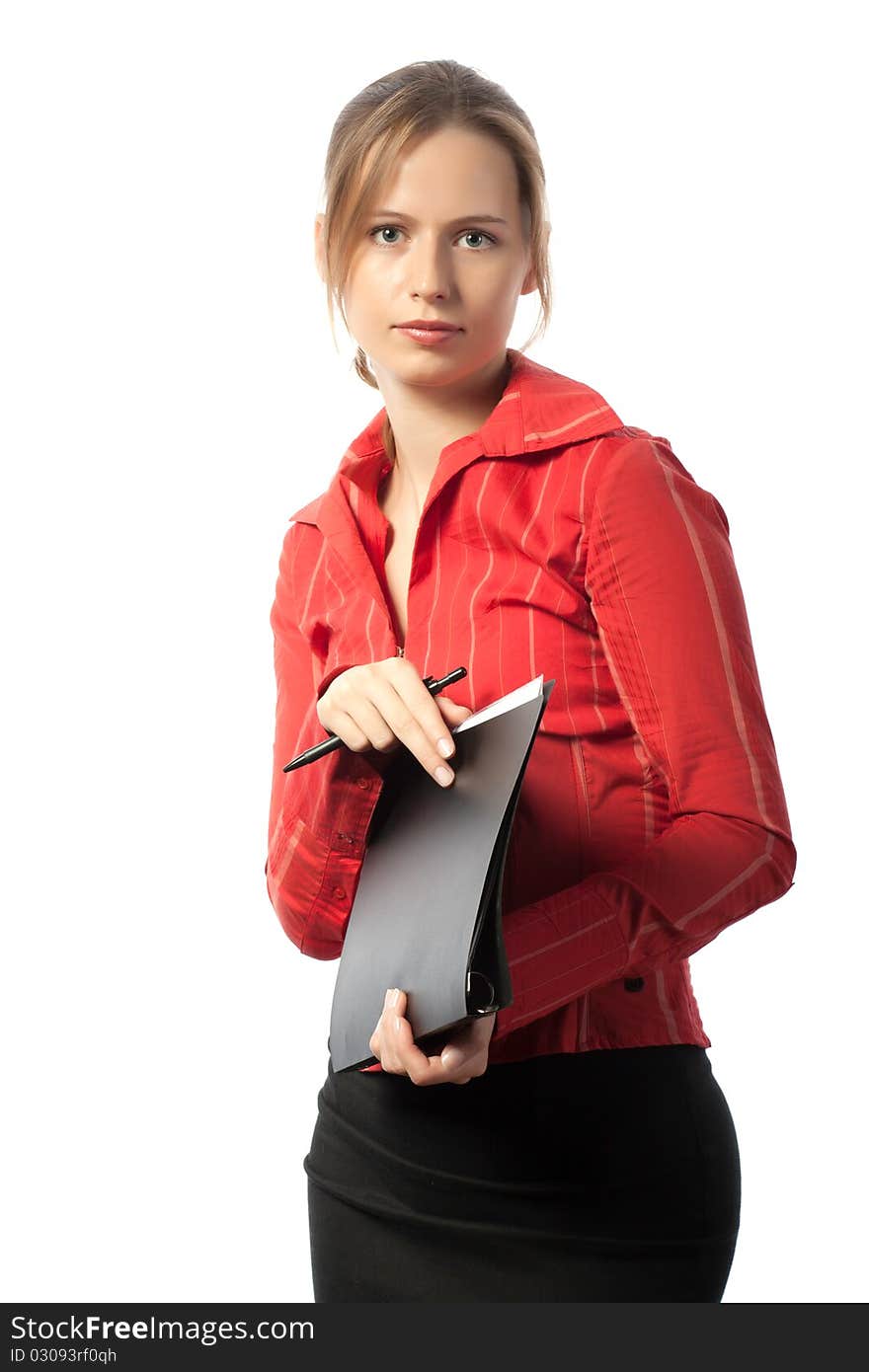 Businesswoman looking in camera holding black folder and pen. Businesswoman looking in camera holding black folder and pen