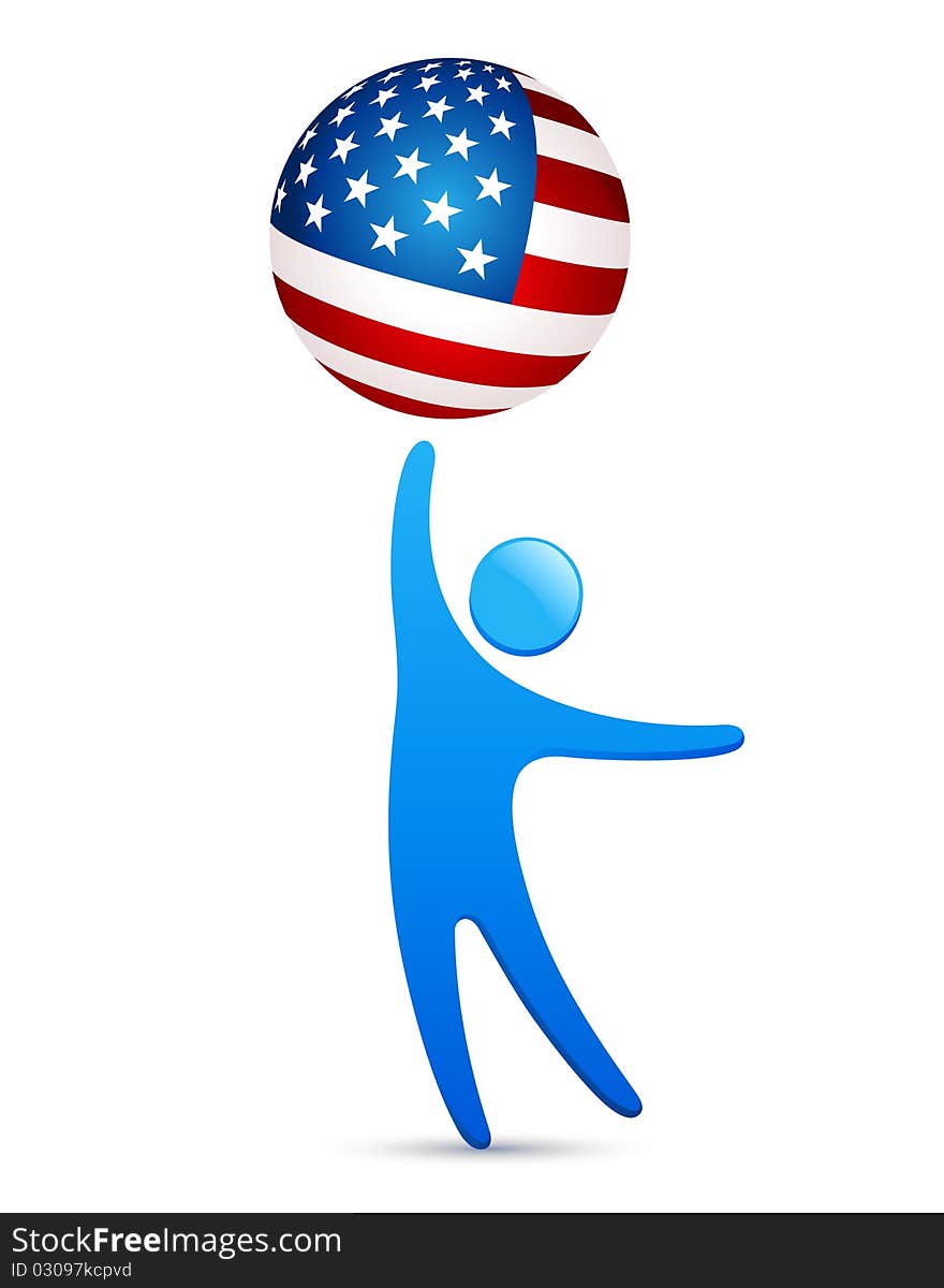 Spherical american flag held high by man figure. Spherical american flag held high by man figure