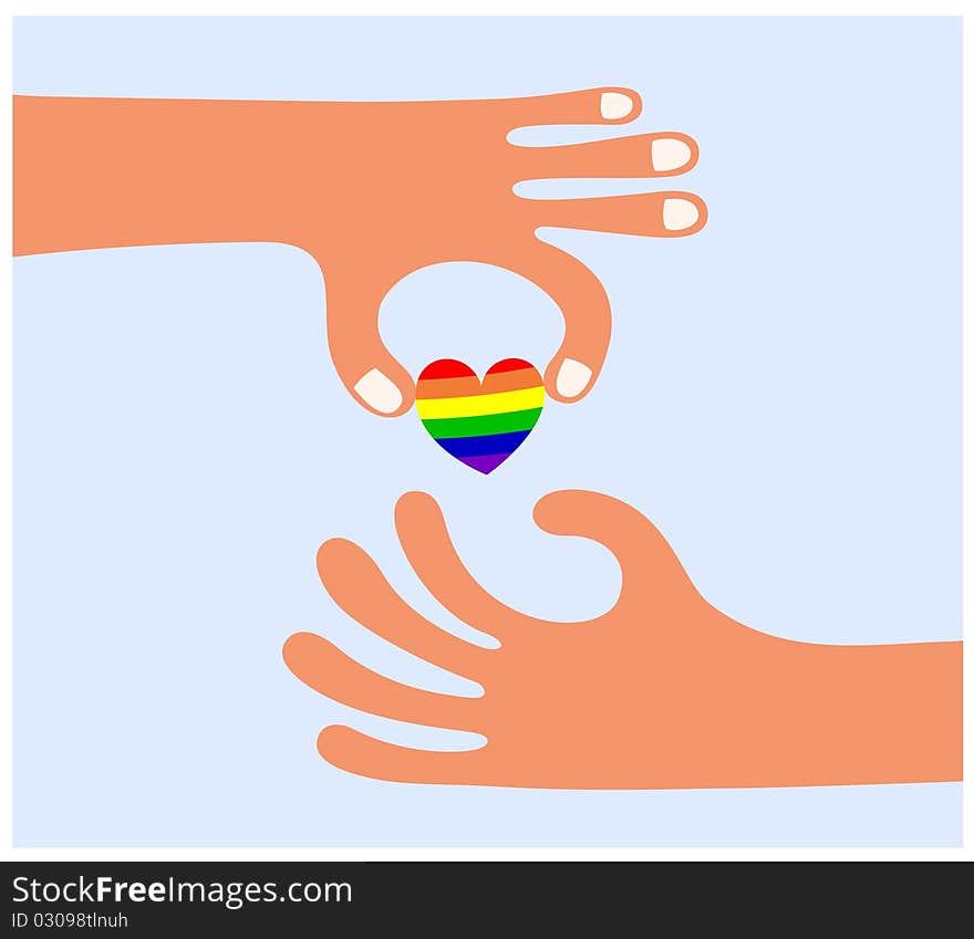 Vector of gay community flag shaped as human shared by two human hands. Vector of gay community flag shaped as human shared by two human hands