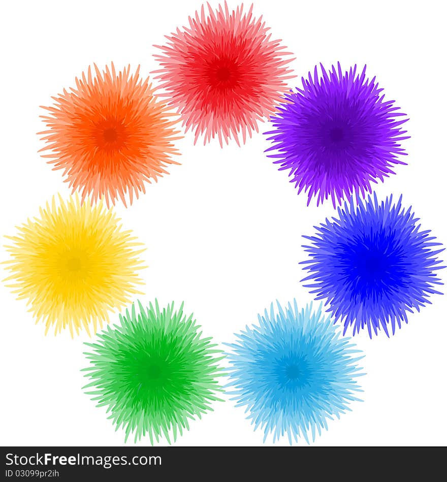 Flowers arranged in a circle on a white background, repeating colors of the rainbow, illustration. Flowers arranged in a circle on a white background, repeating colors of the rainbow, illustration