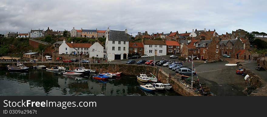 Panoramic view of a Scottish fishing town