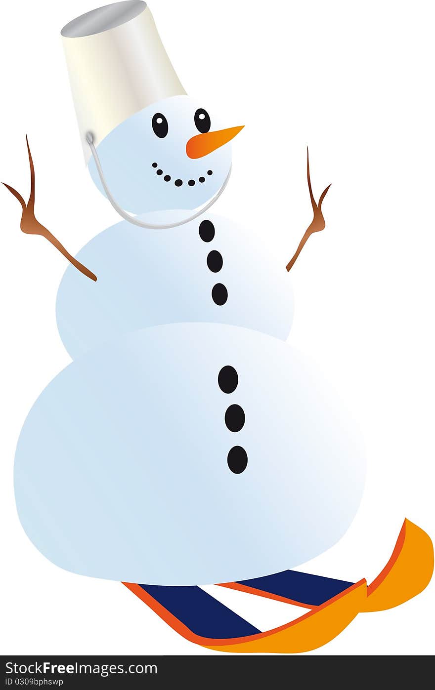 Vector illustration depicts a snowman in a bucket on his head