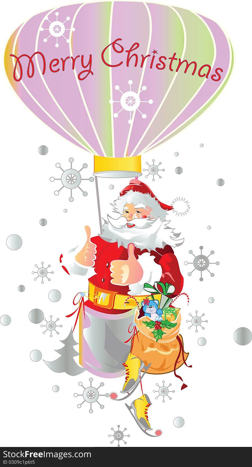 Santa Claus in a hot air balloon with gifts