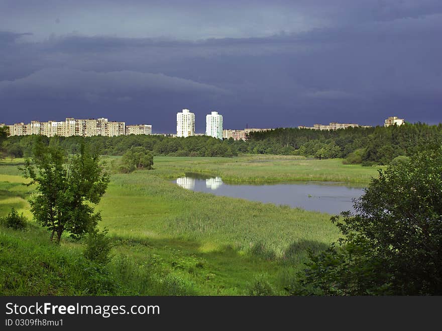 The cloudy sky over a city. The cloudy sky over a city