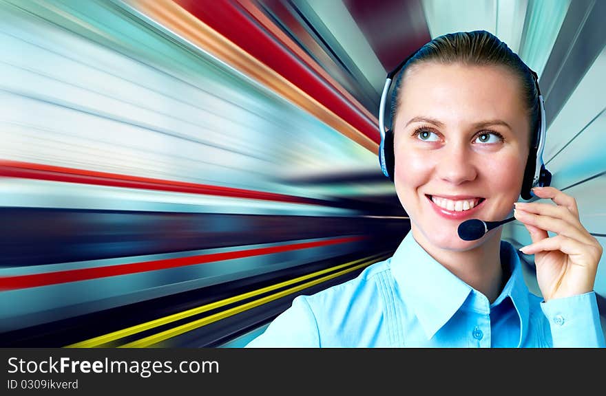 Businesswomen and train on speed in railway station. Businesswomen and train on speed in railway station