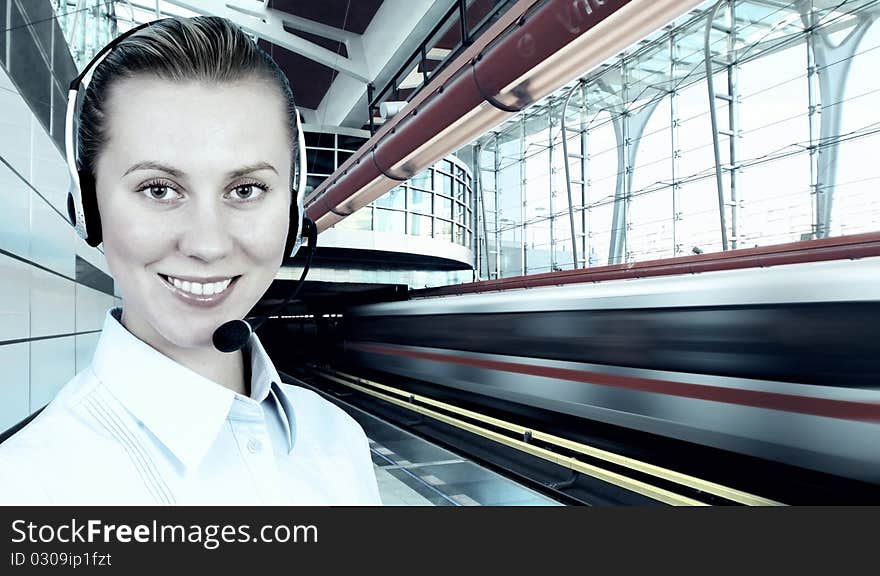 Businesswomen and train on speed in railway station. Businesswomen and train on speed in railway station