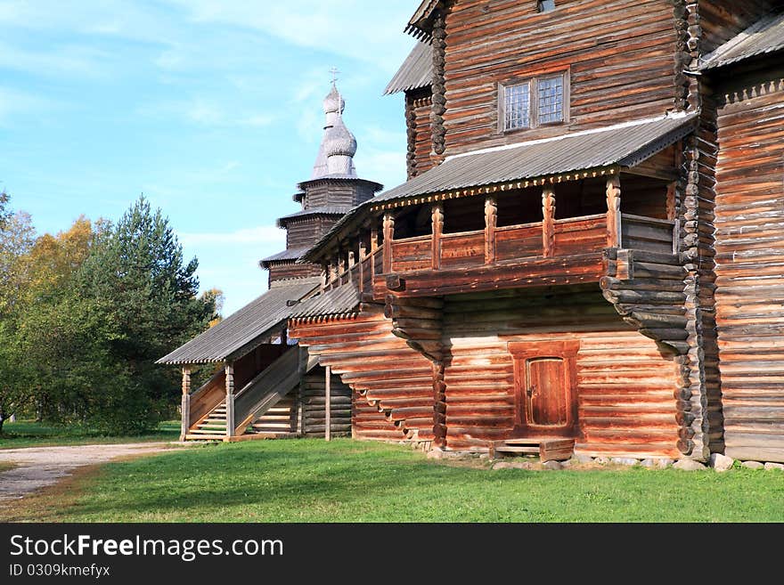 Aging wooden chapel in village