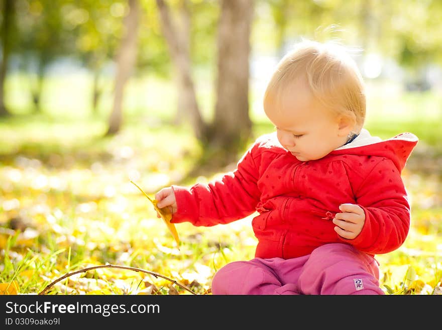 Baby play with yellow leafs under trees