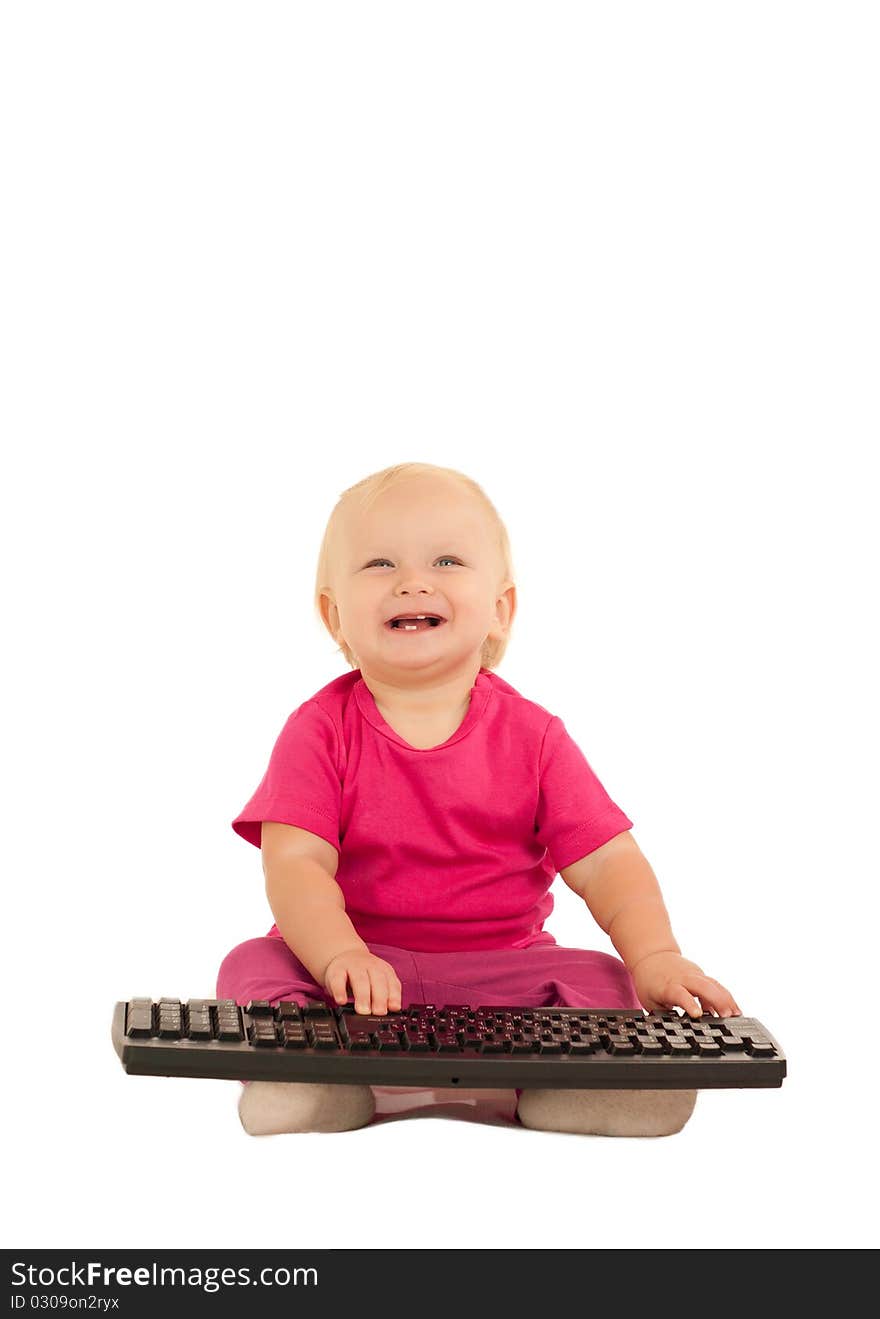 Cute cheerful girl typing on computer keyboard on white