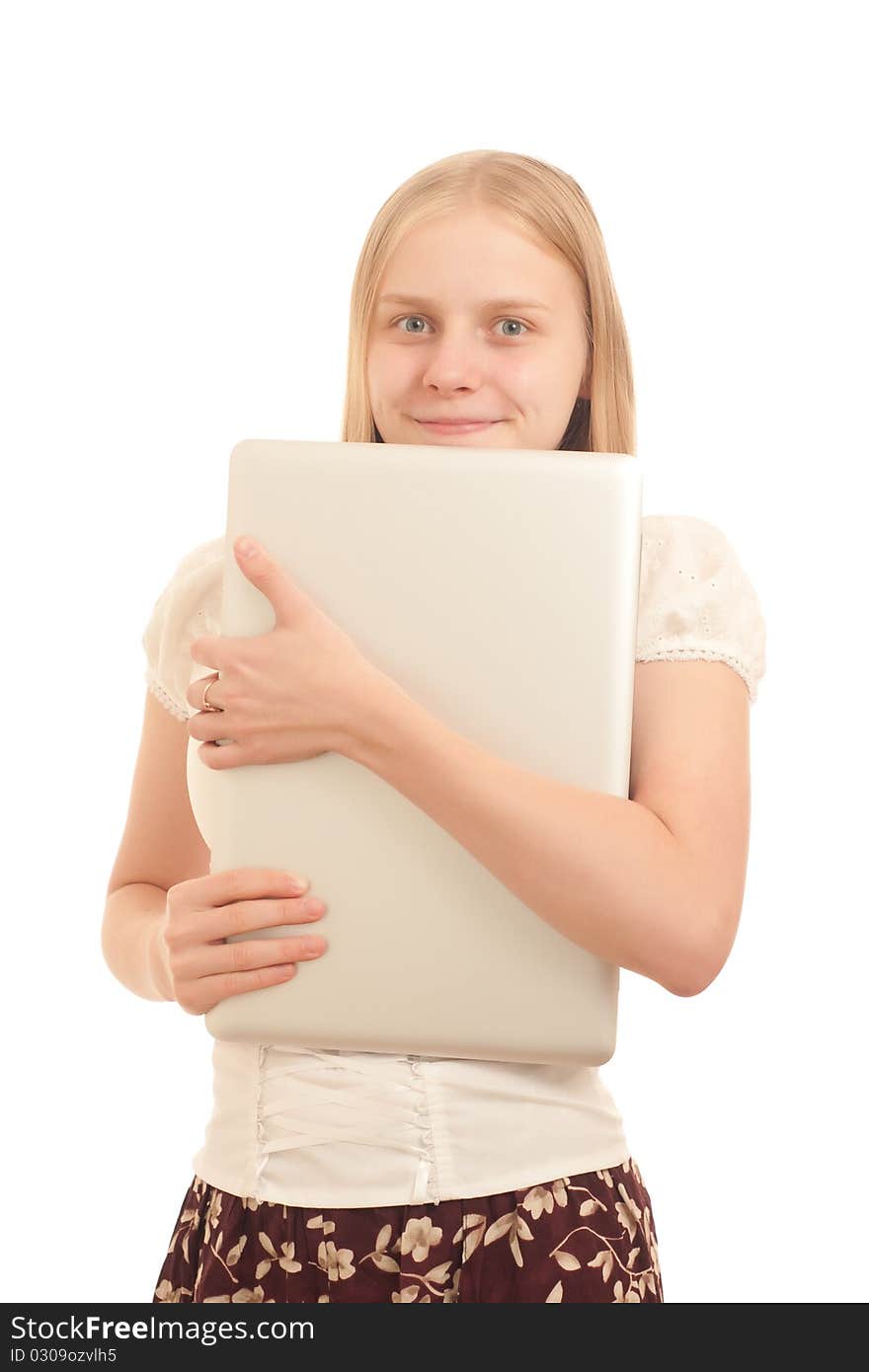 Portrait of Young adorable businesswoman hiding face with laptop on white. Portrait of Young adorable businesswoman hiding face with laptop on white