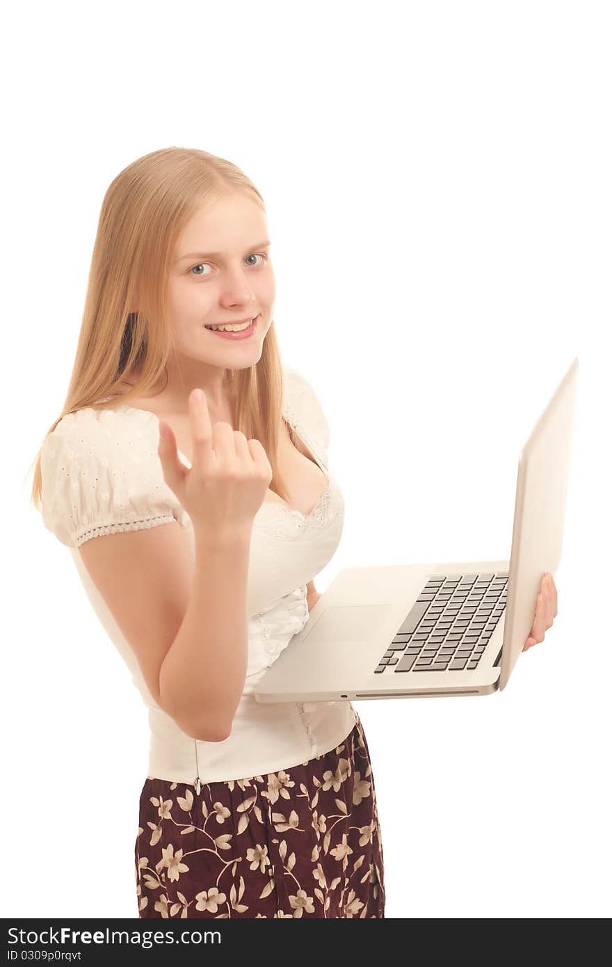 Young adorable businesswoman holding open laptop and showing come-on sign on white