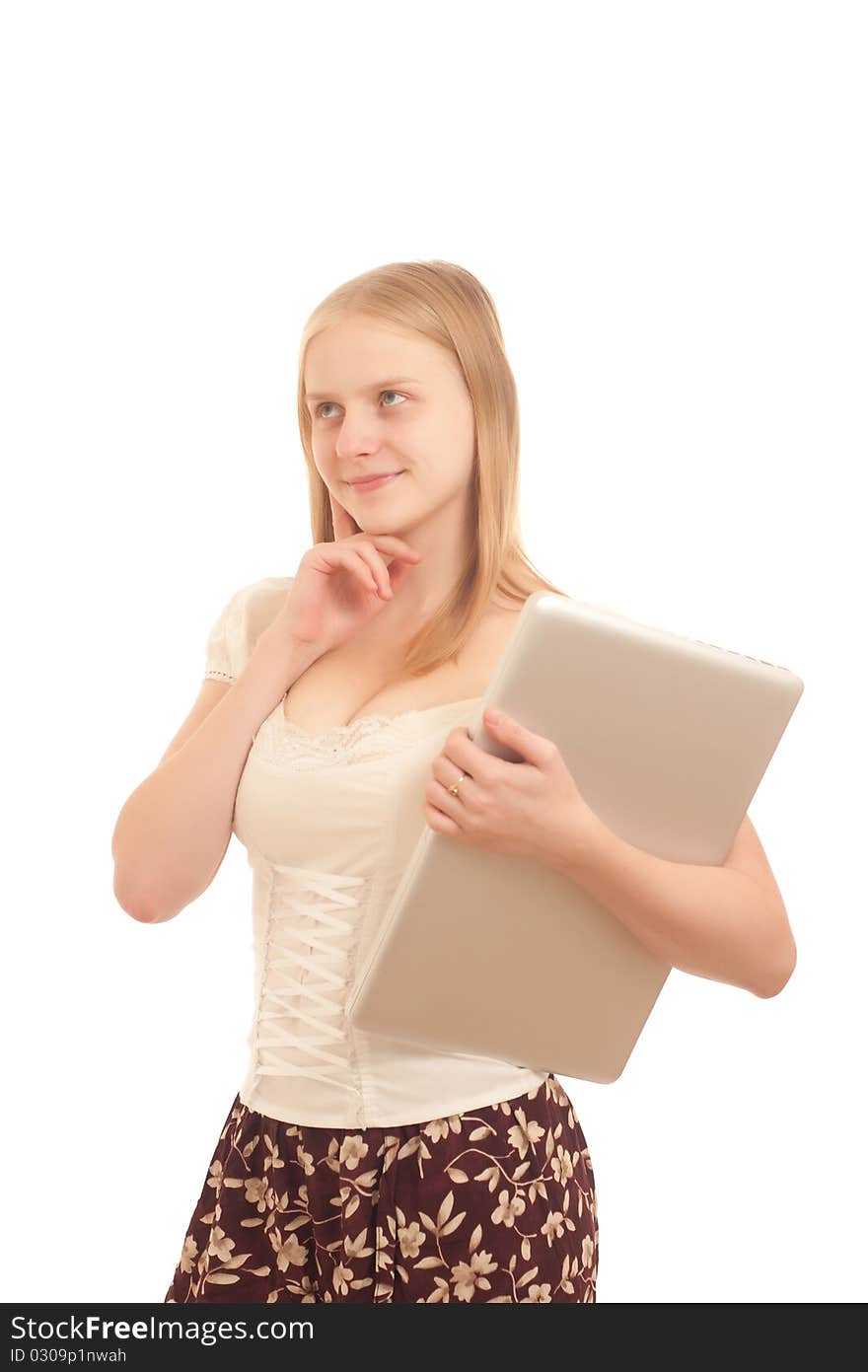 Portrait of Young adorable businesswoman holding silver laptop on white