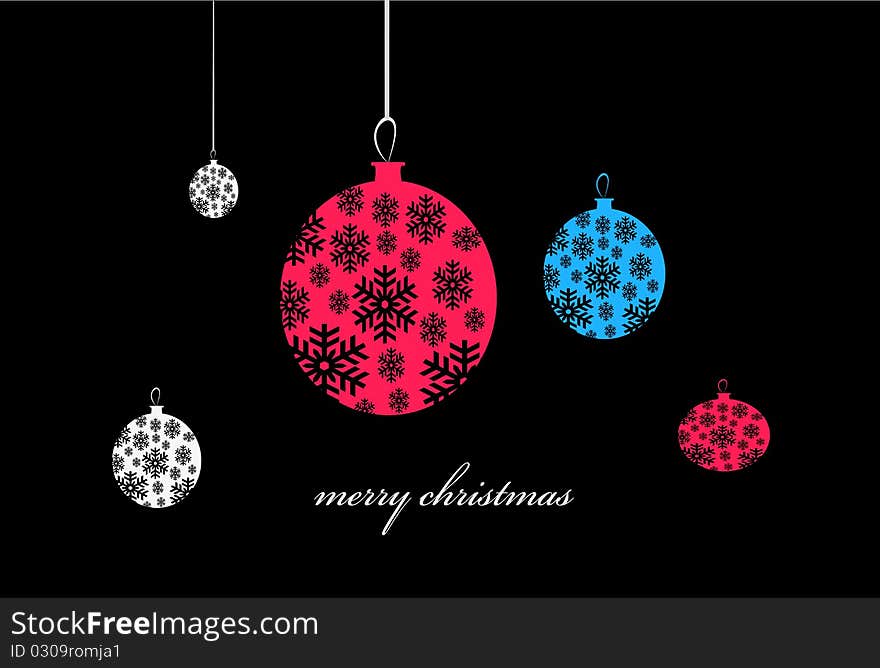 Christmas balls red blue and white on black background