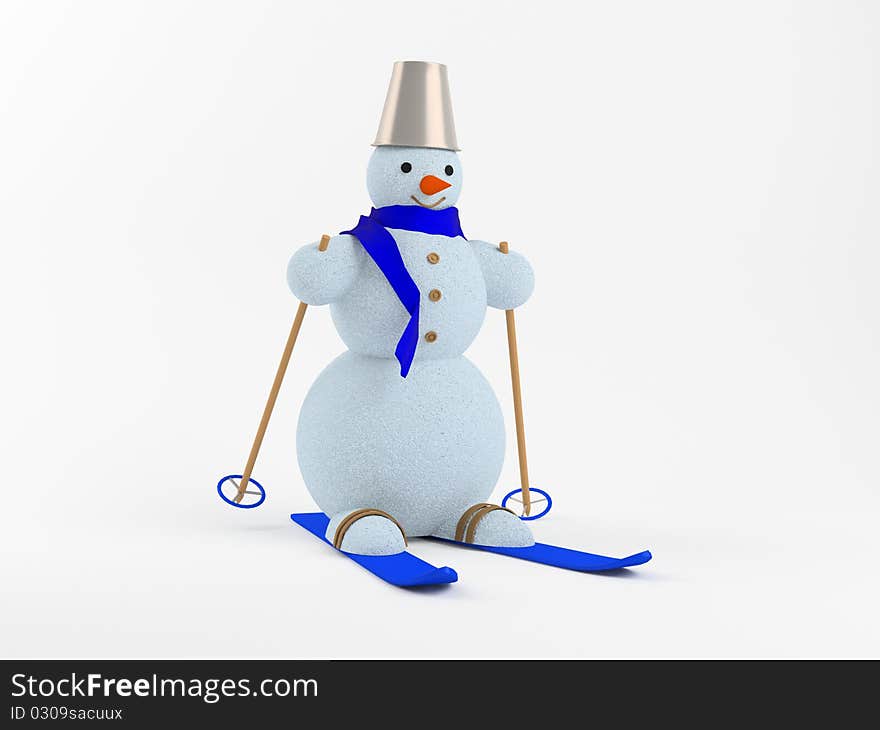 The snowman on skis in a blue scarf on a white background