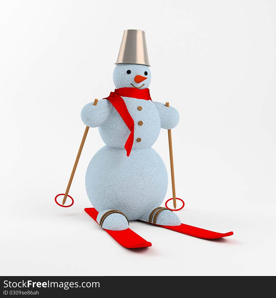 The snowman on skis in a red scarf