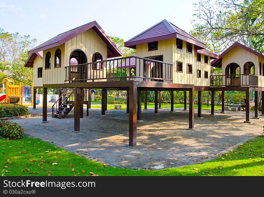 Plastic house at the playground for younger children,