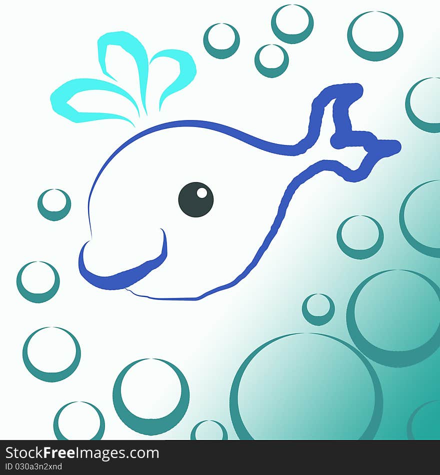 A cute little whale smiling and swimming through sea bubbles. Digital drawing. Coloured picture. A cute little whale smiling and swimming through sea bubbles. Digital drawing. Coloured picture.