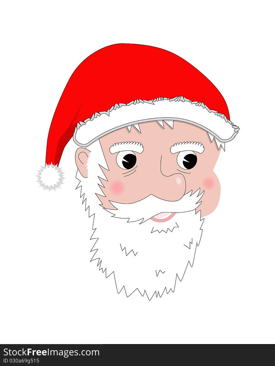 Face Santa Claus is isolated on a white background. Santa wears a red cap, it features a snow-white beard and mustache.