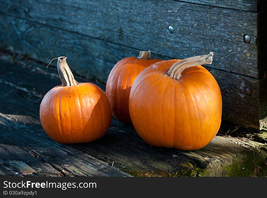 Three orange pumpkins on the wooden cart