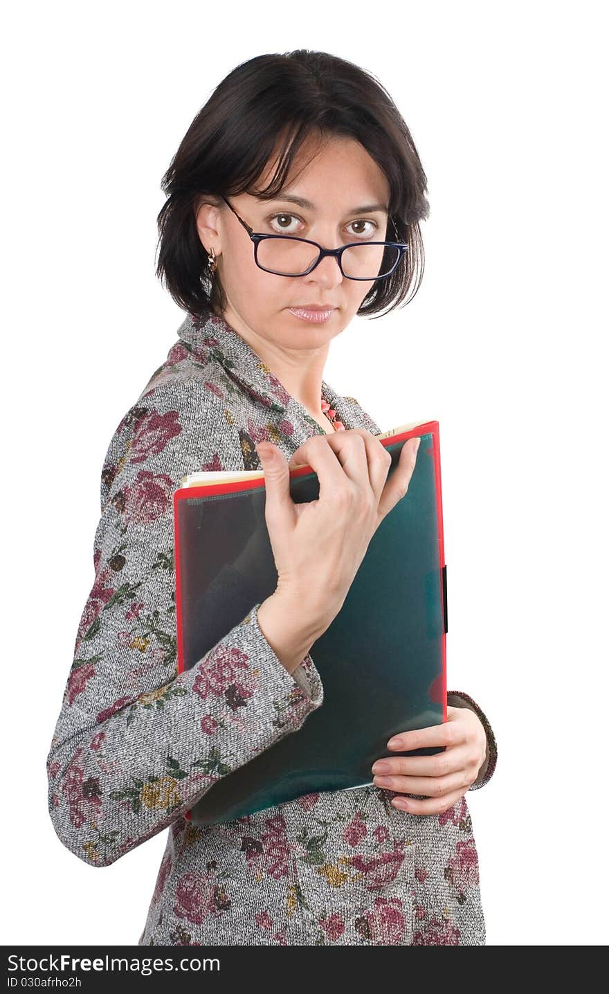 Woman with documents in hand, isolated on a white background. Woman with documents in hand, isolated on a white background