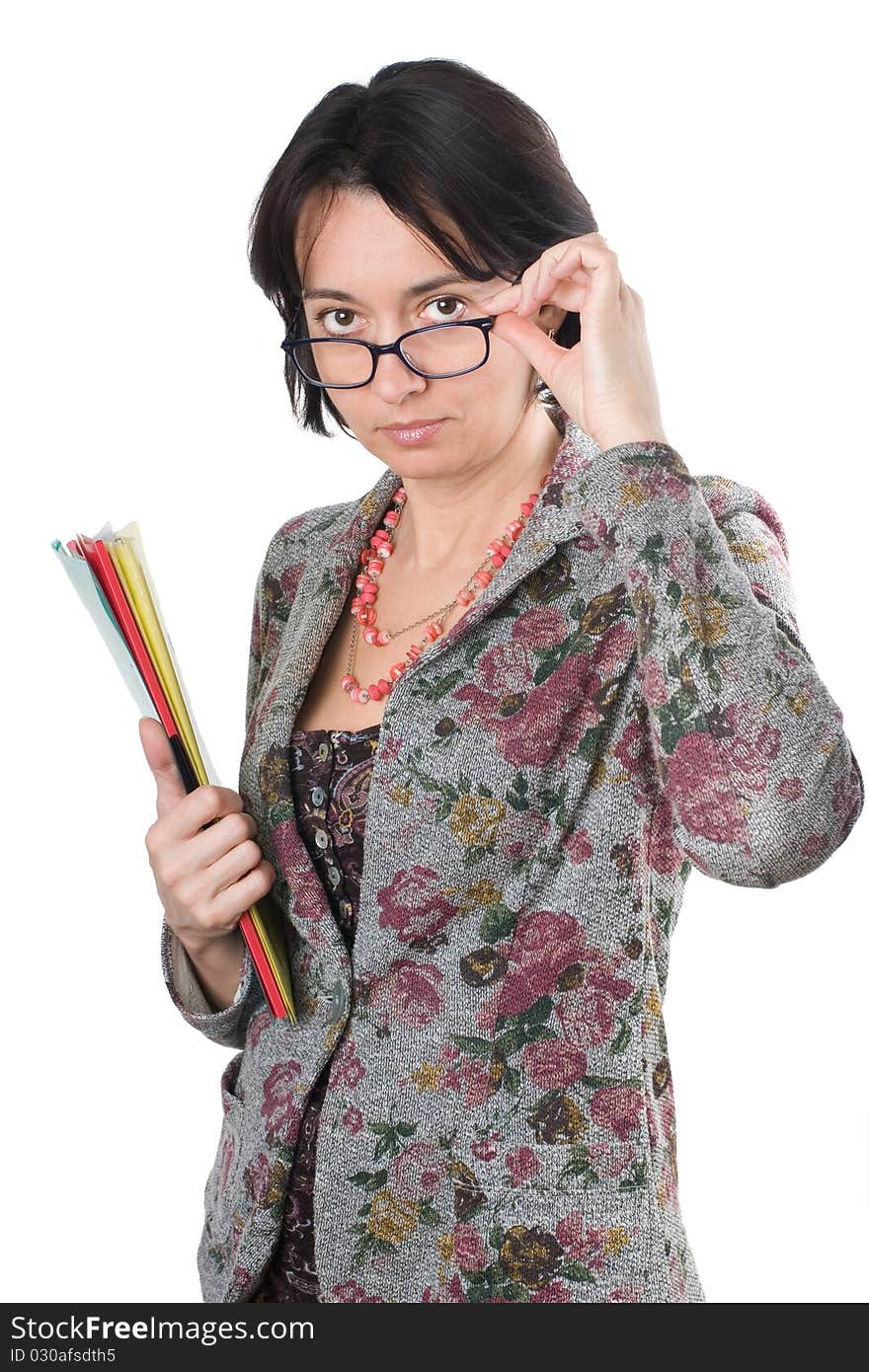 Woman with documents in hand, isolated on a white background. Woman with documents in hand, isolated on a white background