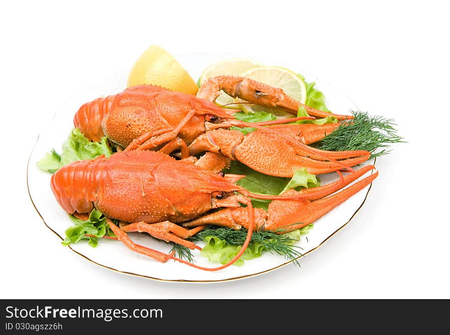 Plate of fresh crawfishes with lemon on white background. Plate of fresh crawfishes with lemon on white background