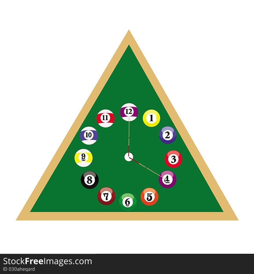 This image represents a triangle shape clock with pool balls. This image represents a triangle shape clock with pool balls