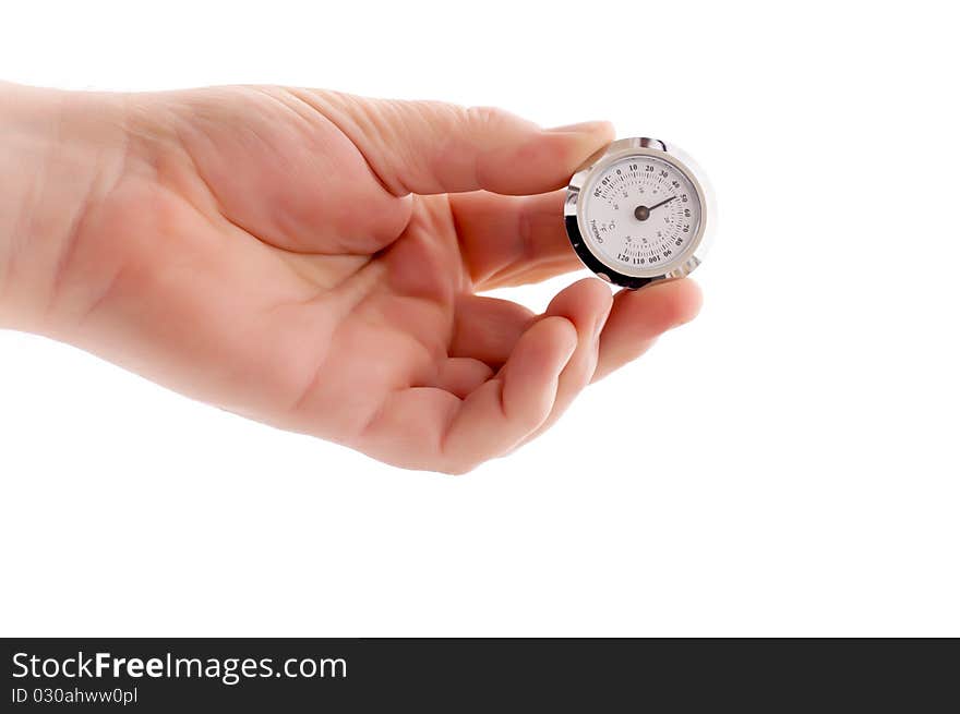 Man's hand is holding a thermometer on a white background. Man's hand is holding a thermometer on a white background.