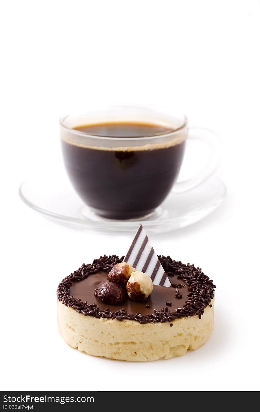 Cup of coffee and chocolate tart