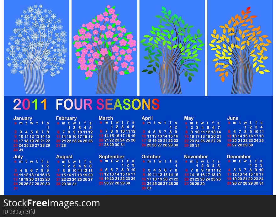 Classic calendar for 2011. four season tree. american style. vector. Classic calendar for 2011. four season tree. american style. vector.