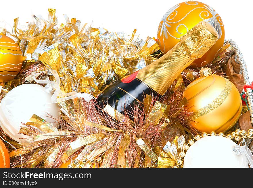 New Year's decoration in a wooden basket with hand bells. New Year's decoration in a wooden basket with hand bells