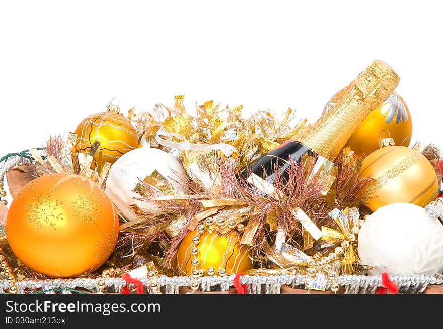 New Year's decoration in a wooden basket with hand bells. New Year's decoration in a wooden basket with hand bells