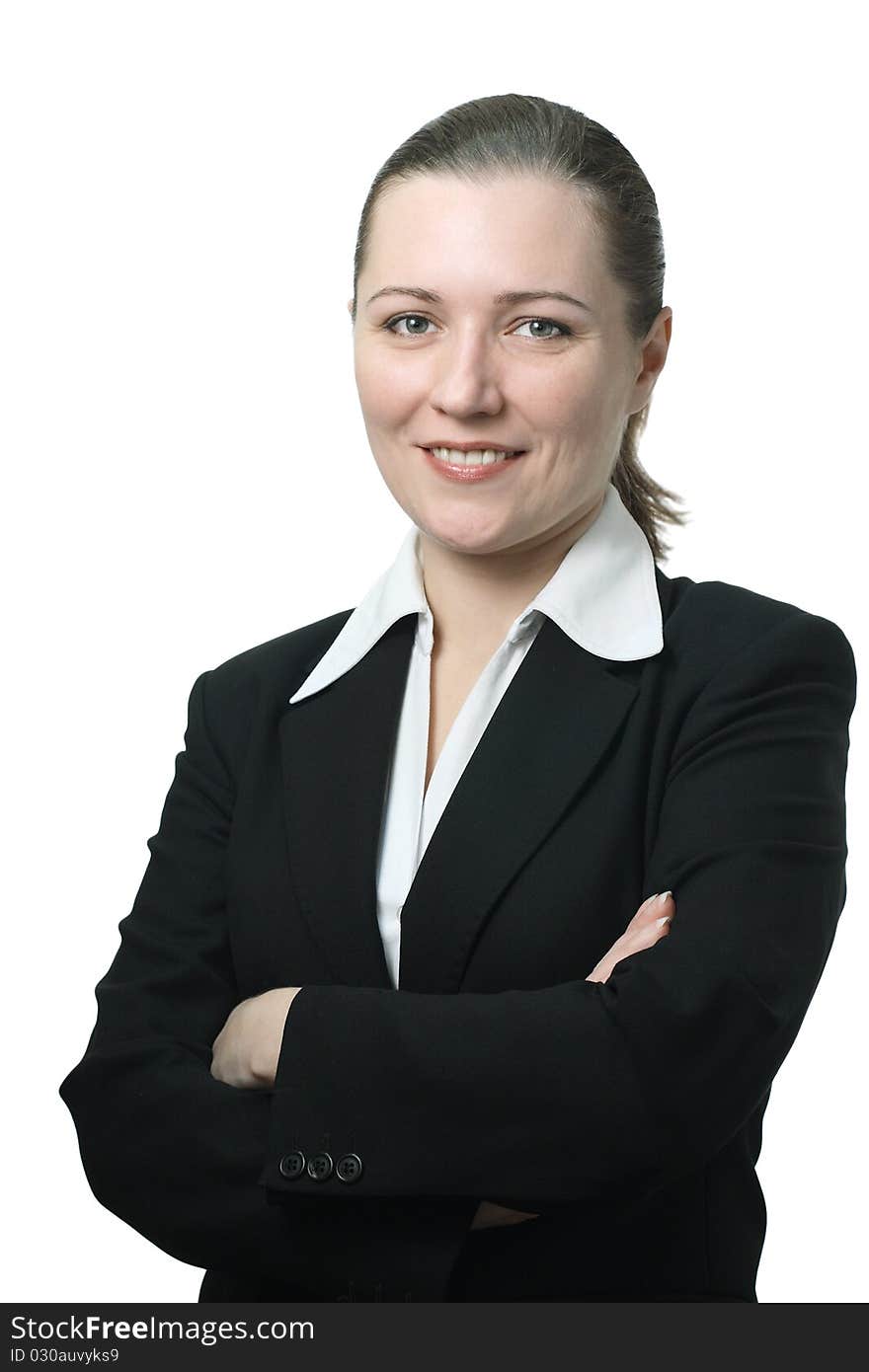 Woman in a suit with happy eyes looking up. Woman in a suit with happy eyes looking up