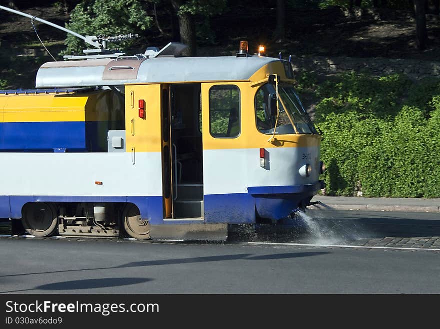 Sprinkling tram in Riga, Latvia