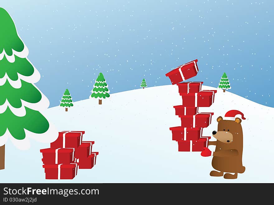 Bear Holding A Gift and trees