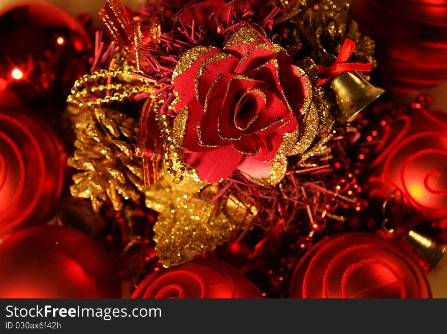 Red Christmas decorations close-up. Red Christmas decorations close-up