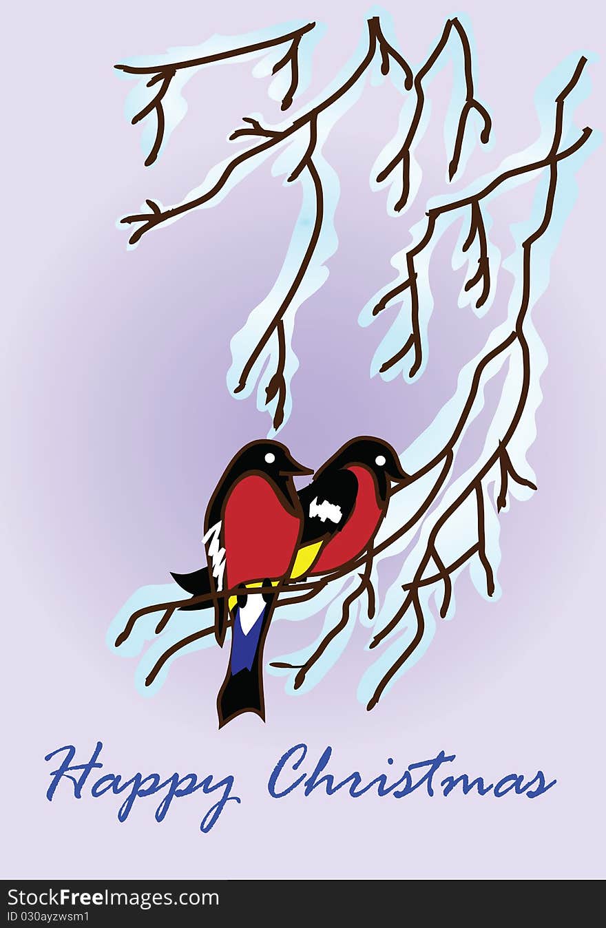 New Year's Christmas picture. Bullfinches sit on a tre